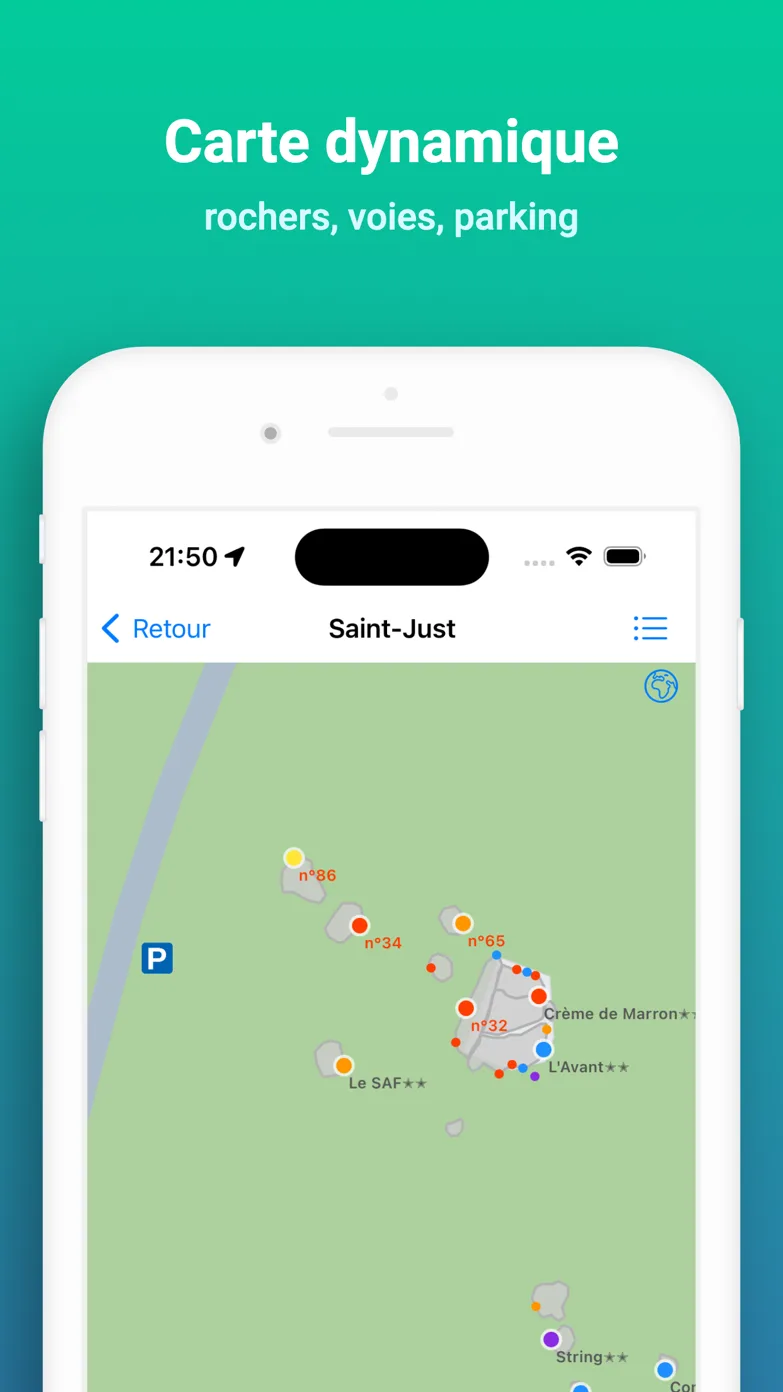 Carte dynamique des rochers, passages et parkings