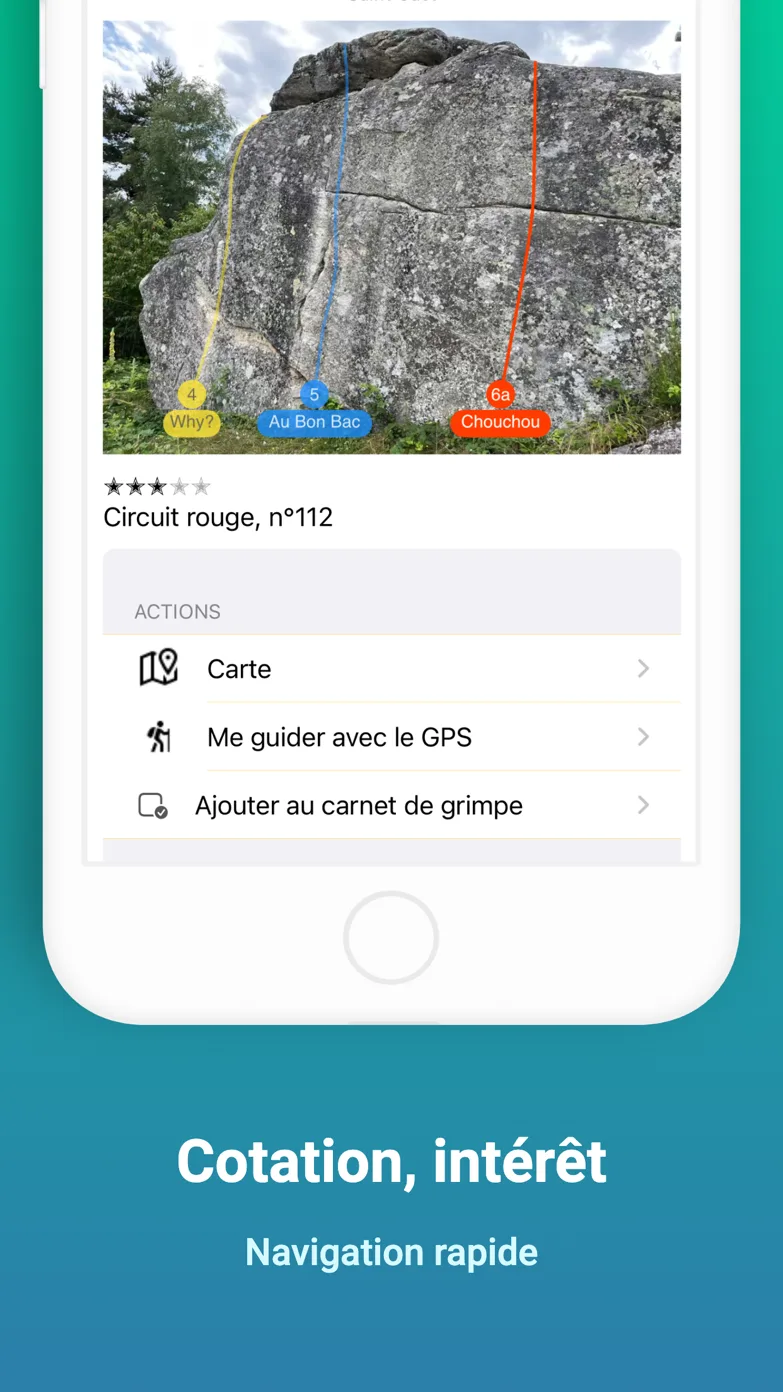 Cotation, intérêt, guidage GPS et ajout au carnet de grimpe
